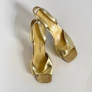 VTG Charles Jourdan 70s Gold Sandal Square Toe Leather Block Heel Paris sz 8.5